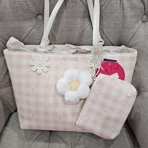 Pink Checkered Women Bag with Pouch